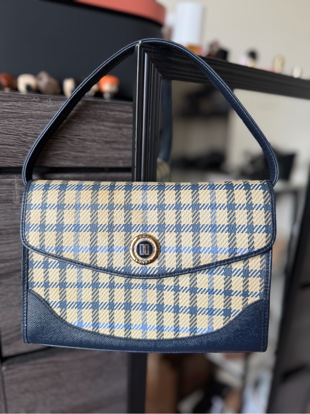 Blue and Cream Checked Shoulder Bag with Turn-Lock Detail